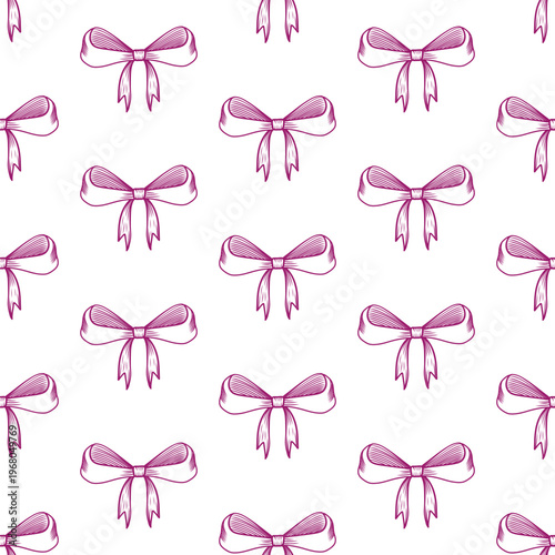 Hand drawn bows in simple line art seamless vector pattern. Whimsical delicate ribbon print in girly flirty style. Cute endless background for fabric and wallpaper. Bachelorette party design.