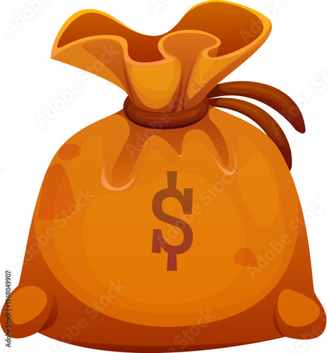Cartoon money bag with dollar sign, Western Wild West cowboy game icon. Vector rustic burlap sack with gold, symbol of wealth, treasure, reward, bounty or fortune, prosperity or frontier casino
