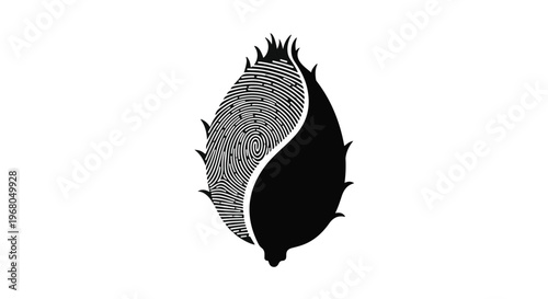 Dragon fruit illustration features a unique yin-yang design, dividing the exotic fruit into solid black and textured white halves, symbolizing balance and duality.