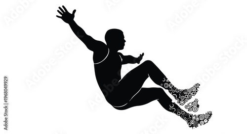 Man's silhouette in mid-air depicts an athletic person falling or jumping with arms raised and abstract patterns decorating the lower legs on a white background.