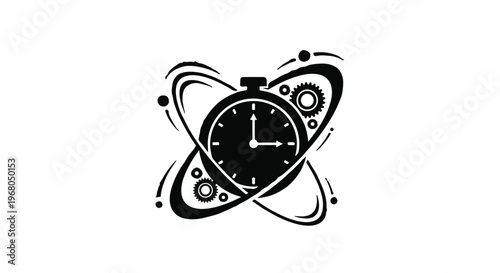 Stopwatch icon representing the concept of time management and efficiency with orbiting gears and abstract elements around its circular frame on a plain background.