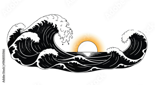 Ocean waves with powerful crests are depicted in a stylized illustration, framing a radiant setting sun that casts a warm glow over the horizon, symbolizing nature's might and serene beauty.