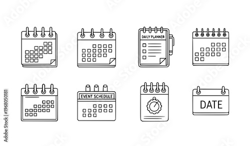“Business calendar line icon set including month calendar, daily planner, and event schedule vector illustrations”