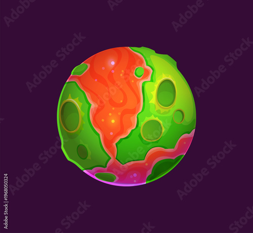 Cartoon alien planet with magma lava surface, glowing craters and abstract fantasy shapes. Vector cosmic sphere floating in outer space atmosphere, surreal sci fi celestial cosmic and Universe object