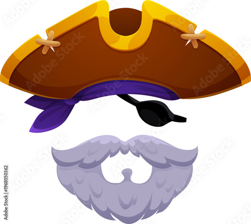 Cartoon pirate captain hat eye patch and grey beard photo booth mask. Filibuster captain kids photo booth mask. Pirate skipper carnival vector costume element or party prop with ancient tricorn hat