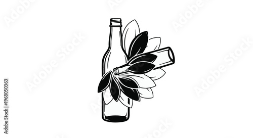 Bottles, one standing upright and another tilted, are elegantly intertwined with stylized botanical leaves, conveying themes of natural ingredients, organic products, or eco-friendly packaging design.