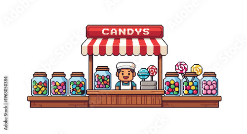 A smiling shopkeeper manages a vibrant pixel art candy stall filled with assorted jars of sweets and lollipops under a striped awning.