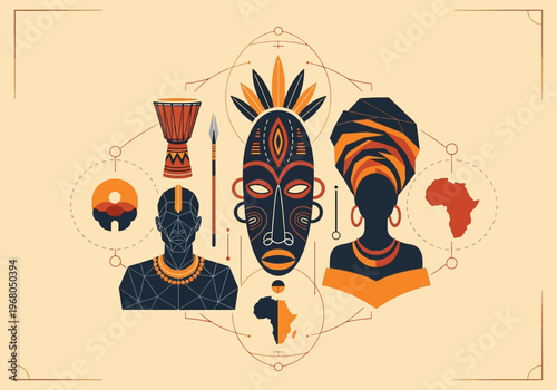 African Heritage and Cultural Icons Illustration with Tribal Mask, Traditional Figures, and Djembe Drum in Modern Geometric Style