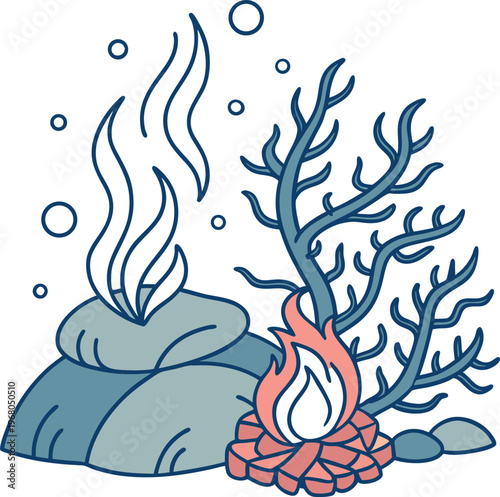 Vector campfire, burning flames, outdoor fire pit, wilderness survival