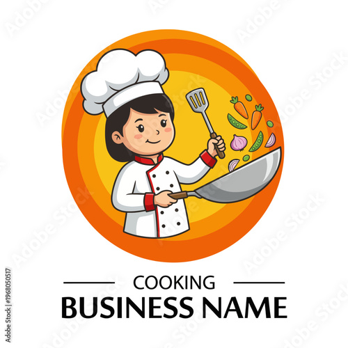 A skilled chef in a white uniform joyfully cooking with various vegetables flying from a pan, showcasing the art of culinary creativity and passion for food.