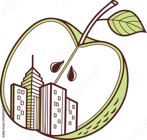 Cityscape, urban, green apple, eco city vector icon