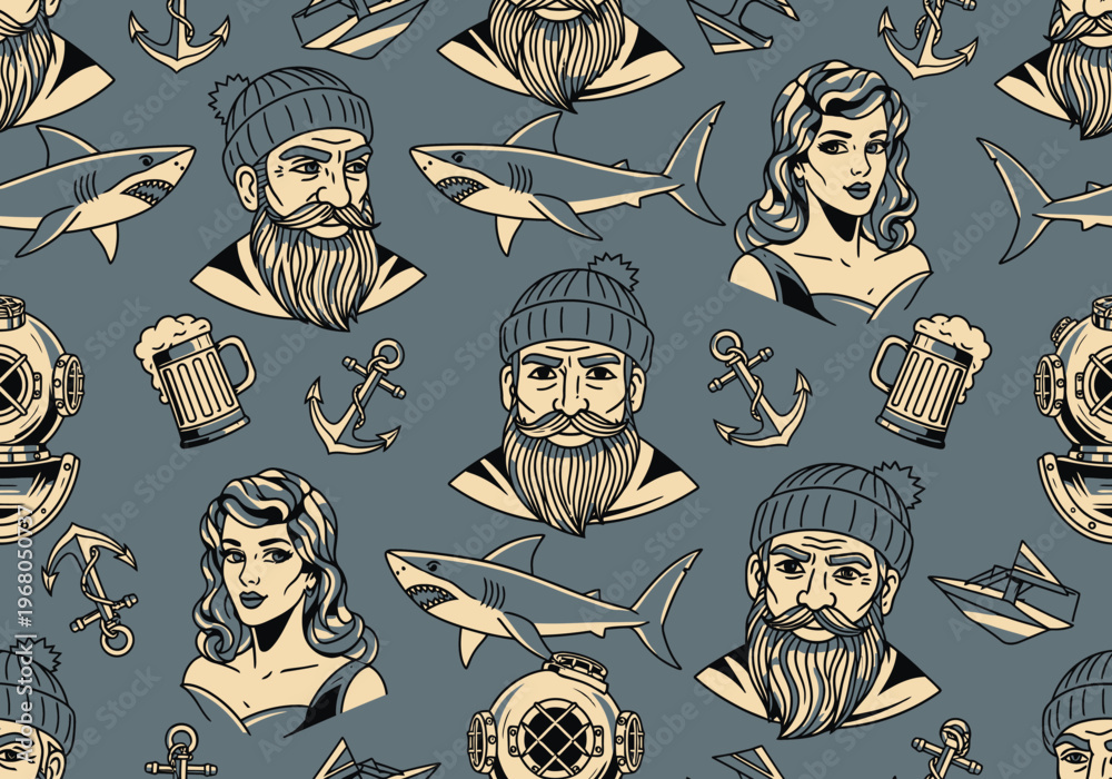 Obraz premium Vintage Nautical Seamless Pattern with Sailor Portraits, Sharks, Anchors, and Diving Helmets in Retro Tattoo Illustration Style