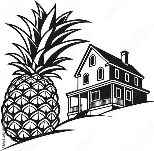 Black and white vector illustration, house with porch, large pineapple, simple line art
