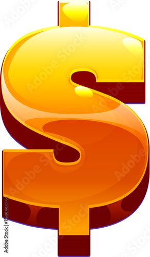 Cartoon casino gambling game icon of 3d glossy golden dollar symbol with highlights and orange gradients with luxurious metallic effect, isolated on white, emphasize money, wealth, luxury, prosperity