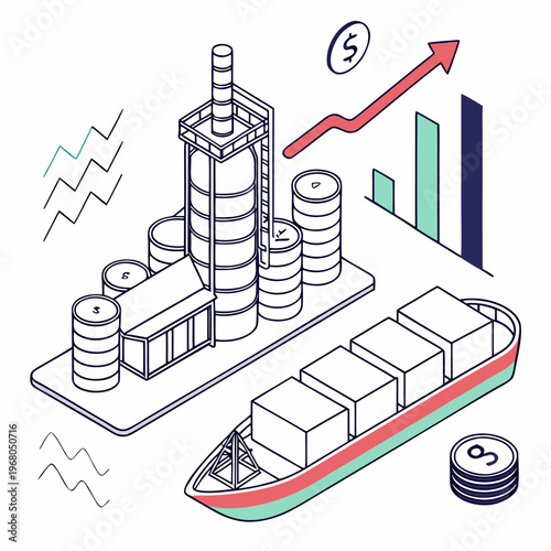 An isometric illustration depicts industrial growth showcasing oil rigs shipping containers and a rising financial chart high quality professional detailed