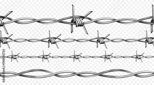 Wire fence with sharp barb elements - realistic 3D border design. Metal spike pattern on transparent background with steel barbwire texture for military prison security. Twisted iron barrier.