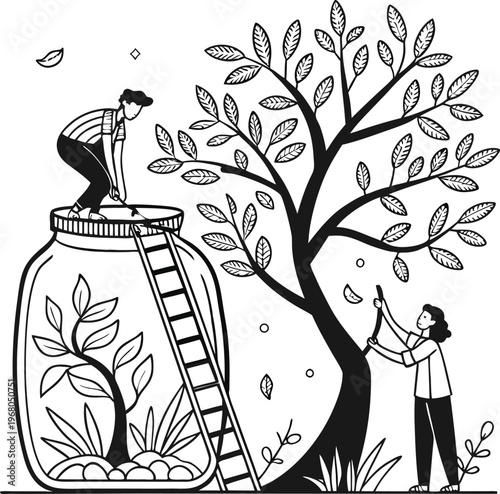 Black and white, line art illustration of people nurturing plant growth in a jar and tree, eco friendly concept