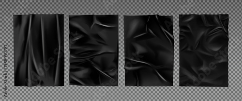 Glued poster mockup with black texture effect on transparent background. Crumpled sheet with realistic wrinkles and creases. Urban wall street billboard template with rough grunge overlay design.