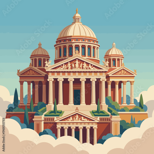 A stunning depiction of an ancient architectural masterpiece, surrounded by fluffy clouds, showcasing grandeur, historical significance, and artistic intricacy in building design.