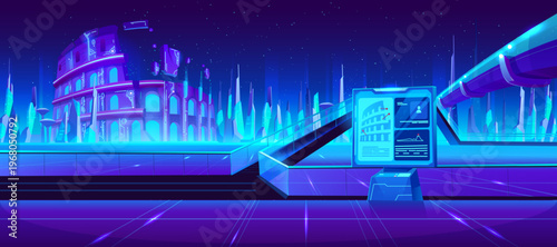 Futuristic city skyline with neon blue lights and smart technology elements. Abstract digital cityscape with Roman Colosseum reimagined in cyber style with glowing network data visualization.