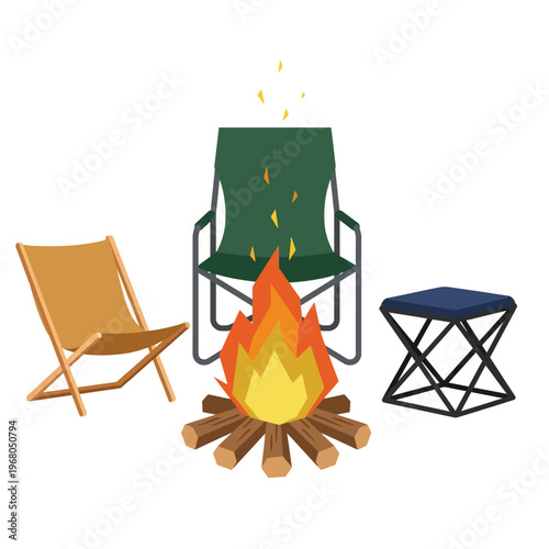 The image presents a cozy outdoor scene featuring camping chairs arranged around a warm fire pit, evoking feelings of friendship, relaxation, and the joy of camping adventures.