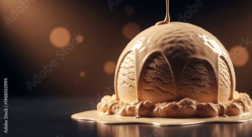 Vanilla ice cream scoop with caramel sauce glaze background.