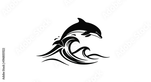 A graceful dolphin silhouette leaps dynamically from stylized ocean waves, symbolizing freedom, marine life, and powerful aquatic movement.