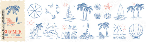 Summer Sea Doodle Collection. Ocean Clipart Set. Vector sketch art compositions with yacht boat, palm tree, wave. Summer set for summer-themed design, travel poster, tropical party flyer, beach event.