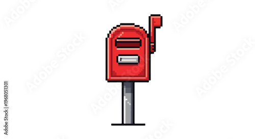 A red pixel art mailbox stands on a grey pole against a plain white background, featuring a raised flag and a small letter slot for mail.