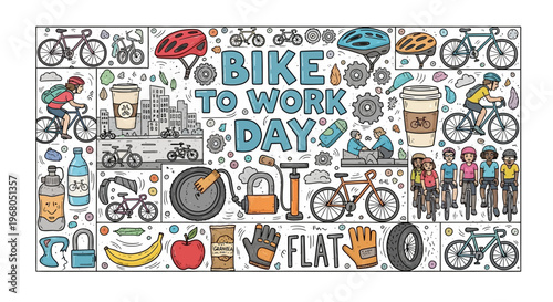 A detailed illustration for Bike to Work Day featuring bicycles, helmets, riders, coffee, cityscapes, and cycling accessories.