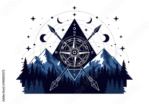 Fotografía Mystical Adventure Illustration with Compass, Rugged Mountains, and Celestial El