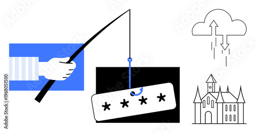Phishing concept. Phishing attack illustrated with password theft, cloud data transfer, and cybersecurity metaphor. Phishing targets sensitive data online. For IT, security, tech, and web