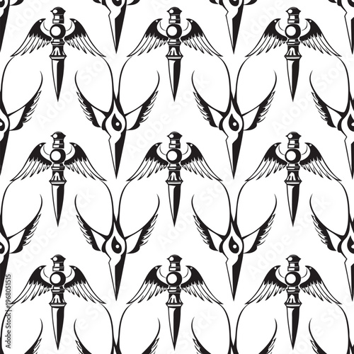 Seamless Vintage Tattoo Pattern with Winged Daggers and Swallows, Classic Black and White Vector Illustration for Apparel, Barbershop Decor, and Edgy Lifestyle Branding