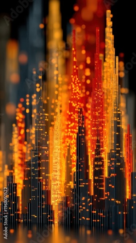 City skyline with bright lights at night in an abstract style