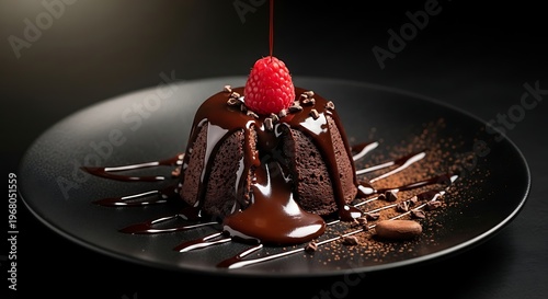 Decadent chocolate lava cake with raspberry topping on plate.