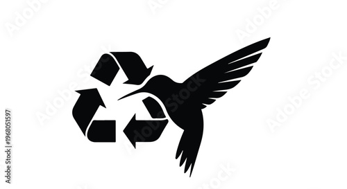 Hummingbird silhouette in black with outstretched wings flies next to a black recycling symbol, representing environmental conservation and sustainability on a clean white background.