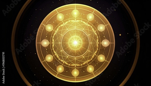 Golden Glowing Geometric Ornament with Abstract Cosmic Design