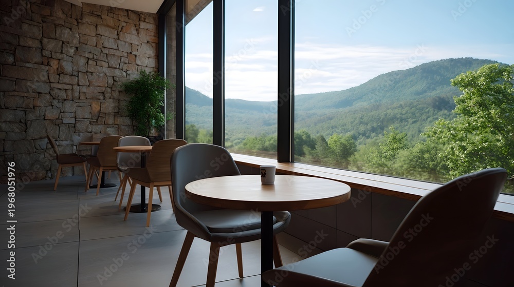Naklejka premium Modern cafe with tables and chairs overlooking a serene mountain landscape through large