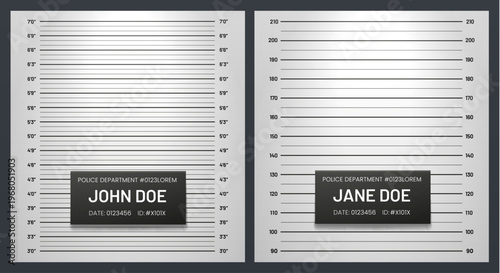 Criminal mugshot, police mug shot photo, prison wall background with lineup height chart and measurement scale. Vector law enforcement suspect backdrop, identification board and arrest record template