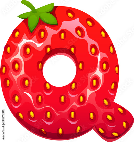 Cartoon strawberry, farm red berry alphabet typeset, font letter Q. Ripe fruit typeset letter, farm strawberry kids ABC typeface vector sign. Forest berry type font symbol