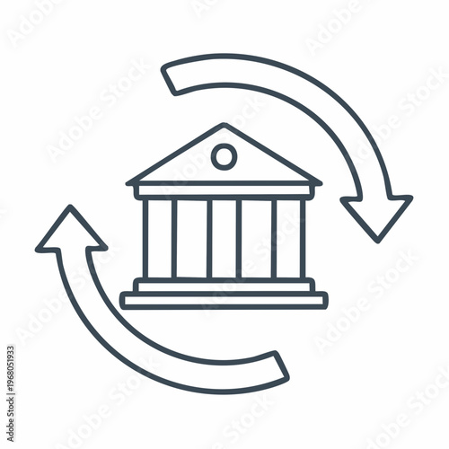 A line art icon depicting a bank or financial building with two circular arrows indicating exchange or transaction.