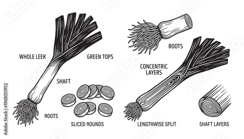 Leek vector illustration set, whole leek, sliced rounds, roots and detailed shaft layers