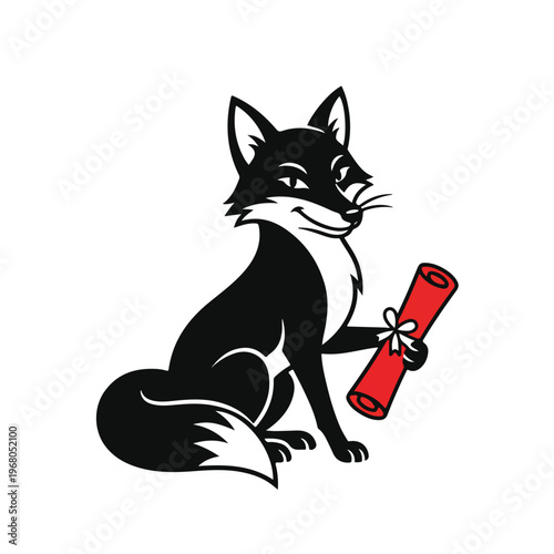 Black Fox Holding Red Diploma.