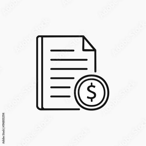 A line art icon of a document with a dollar sign coin, representing financial paperwork or billing.