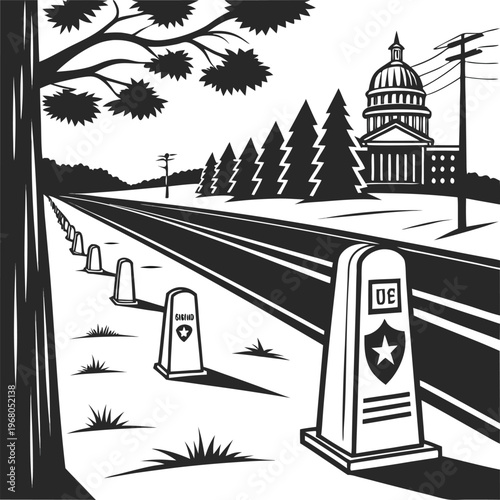 Black and white illustration, highway roadside, government building, monuments, trees