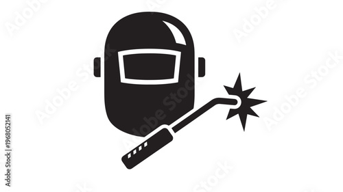 Welding mask icon with torch and sparks, representing metal fabrication and protection for industrial workers.