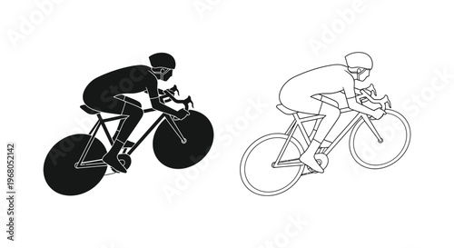 Two cyclists in dynamic poses are depicted in contrasting styles one solid black and one outlined silhouette high quality professional detailed