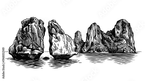 A detailed black and white illustration of dramatic limestone karsts rising from calm water, showcasing intricate rock formations and reflections.