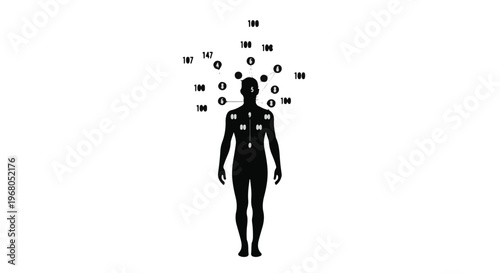 Human figure silhouette surrounded by interconnected data points and icons illustrates personal information flow, digital identity, or a network of user data.