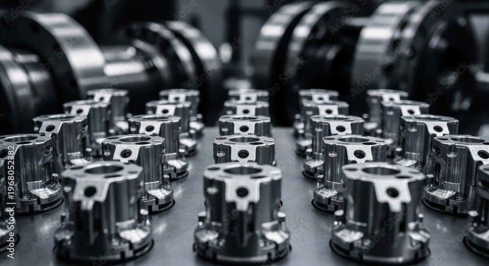 Naklejka premium Rows of Machined Metal Parts in an Industrial Setting